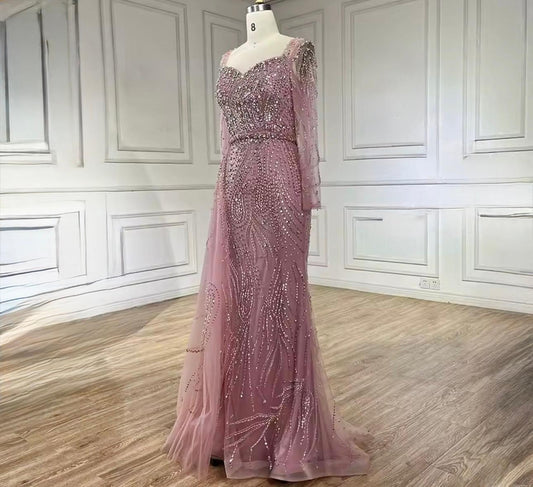 Luxury Rose Sequin Long-Sleeve Evening Gown