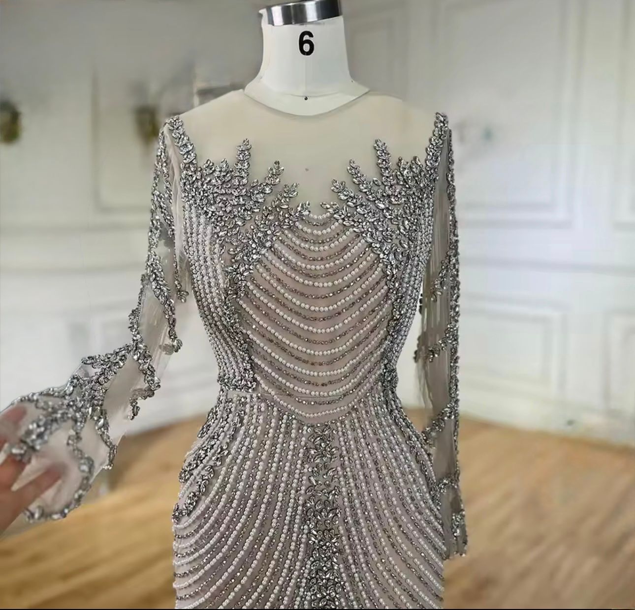 Glam Silver Nude Mermaid Dress with Crystal Beading