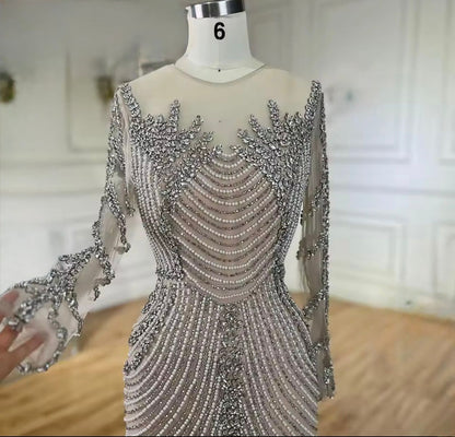 Glam Silver Nude Mermaid Dress with Crystal Beading