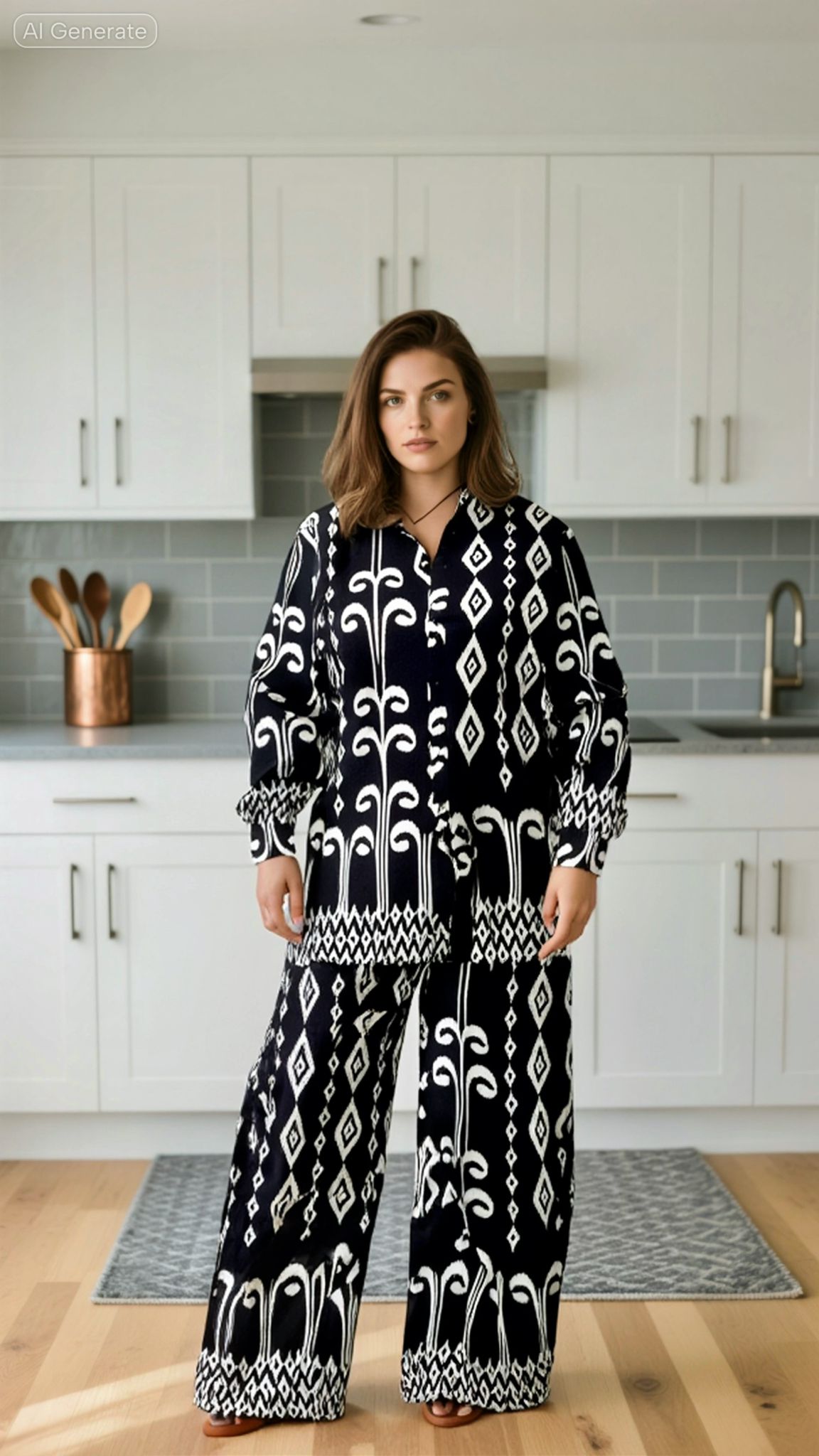 Boho Print Lounge Set – Button-Down Top and Wide-Leg Pants