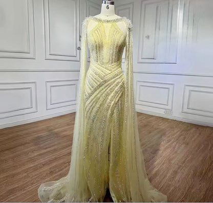 Elegant Golden Couture Dress with Crystal Details