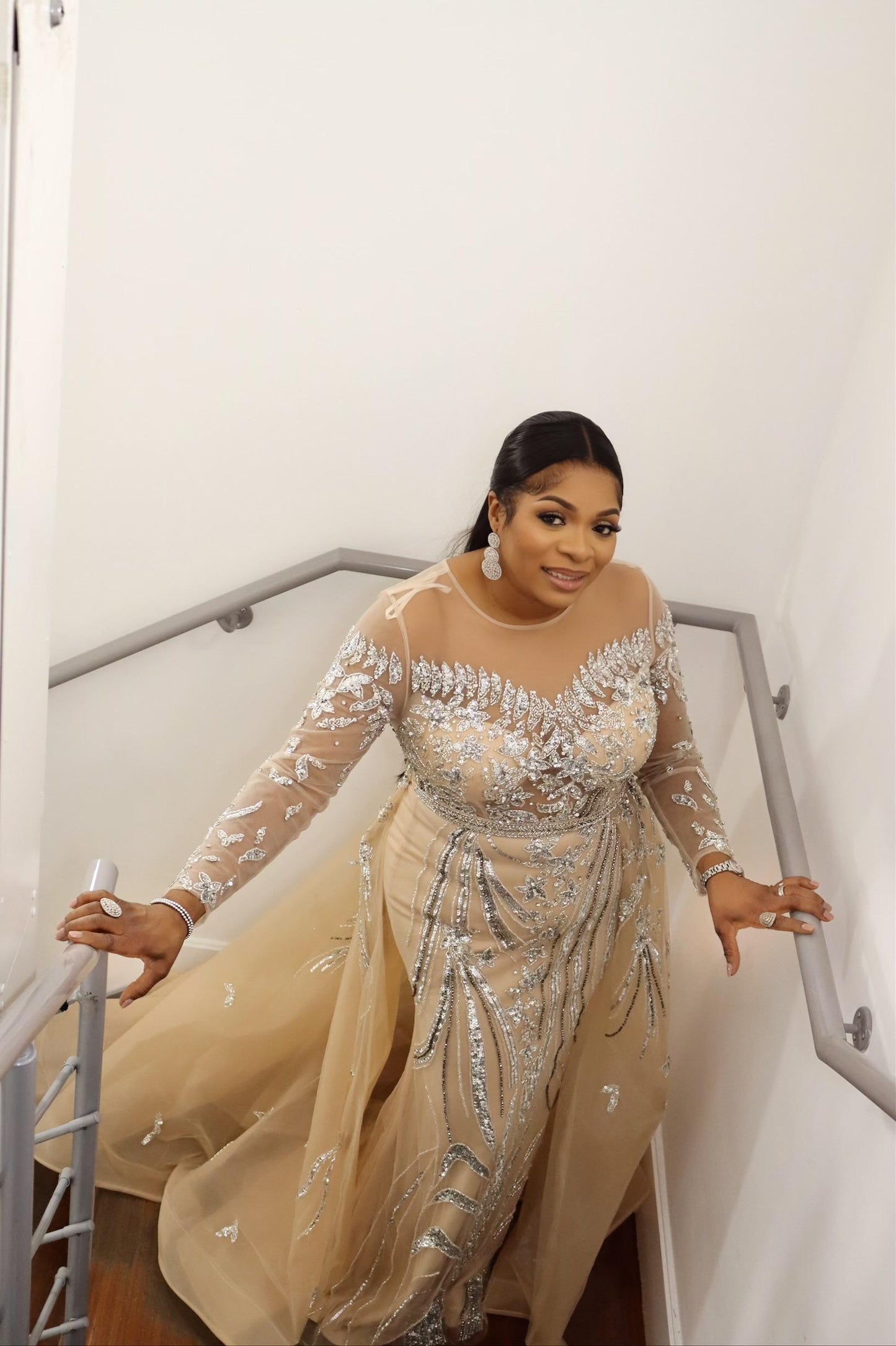 Nude Beaded Overskirt Mermaid Dress