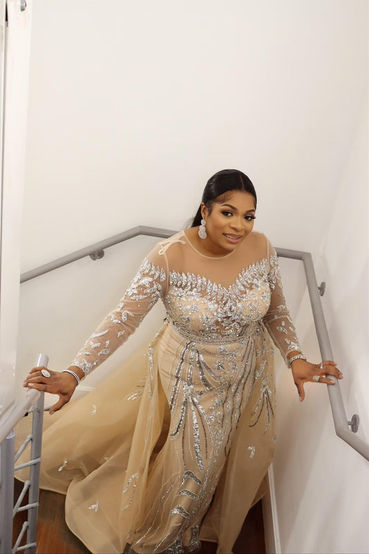 Nude Beaded Overskirt Mermaid Dress