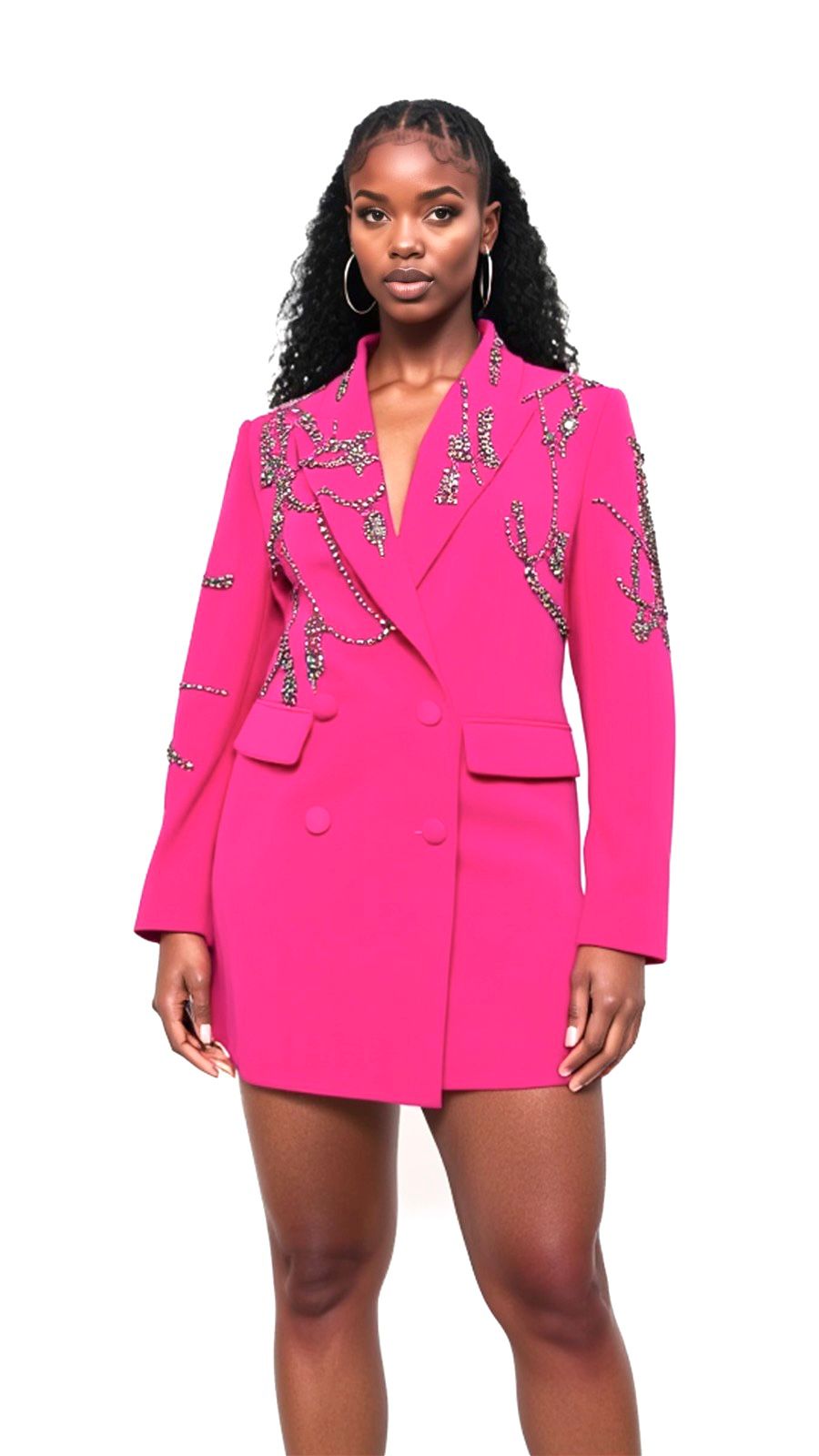 A tailored blazer dress embellished with sparkling rhinestones