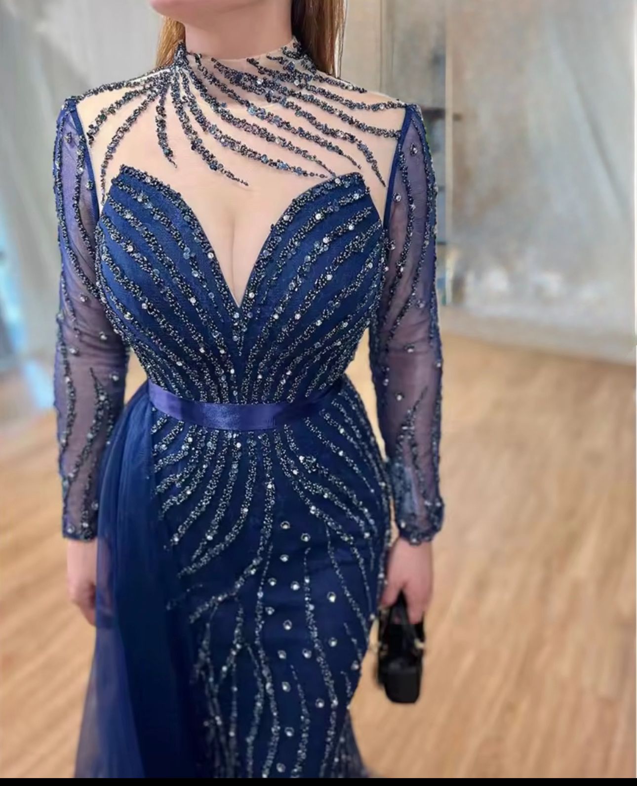Regal Navy Crystal-Embroidered Dress