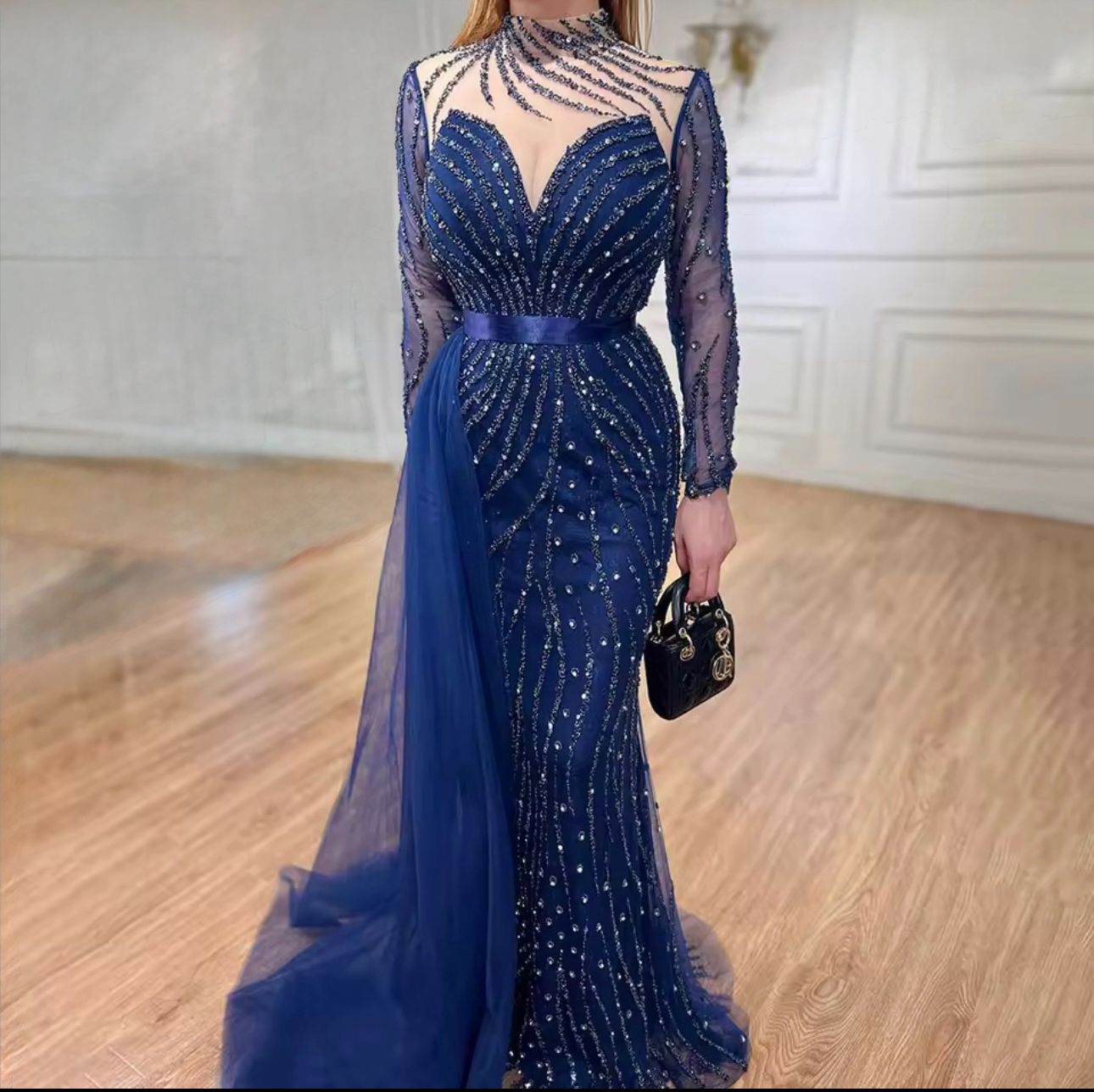 Regal Navy Crystal-Embroidered Dress