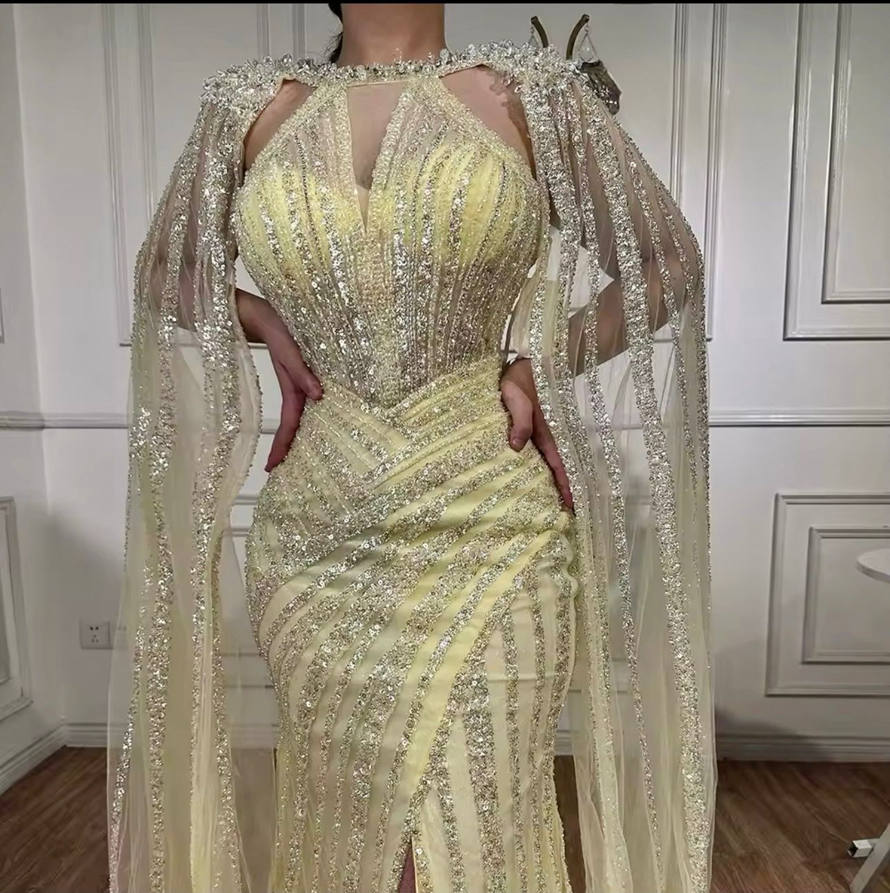 Elegant Golden Couture Dress with Crystal Details