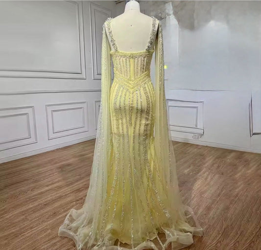 Elegant Golden Couture Dress with Crystal Details