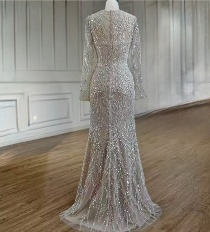 Silver Beaded Long Sleeve Evening Dress