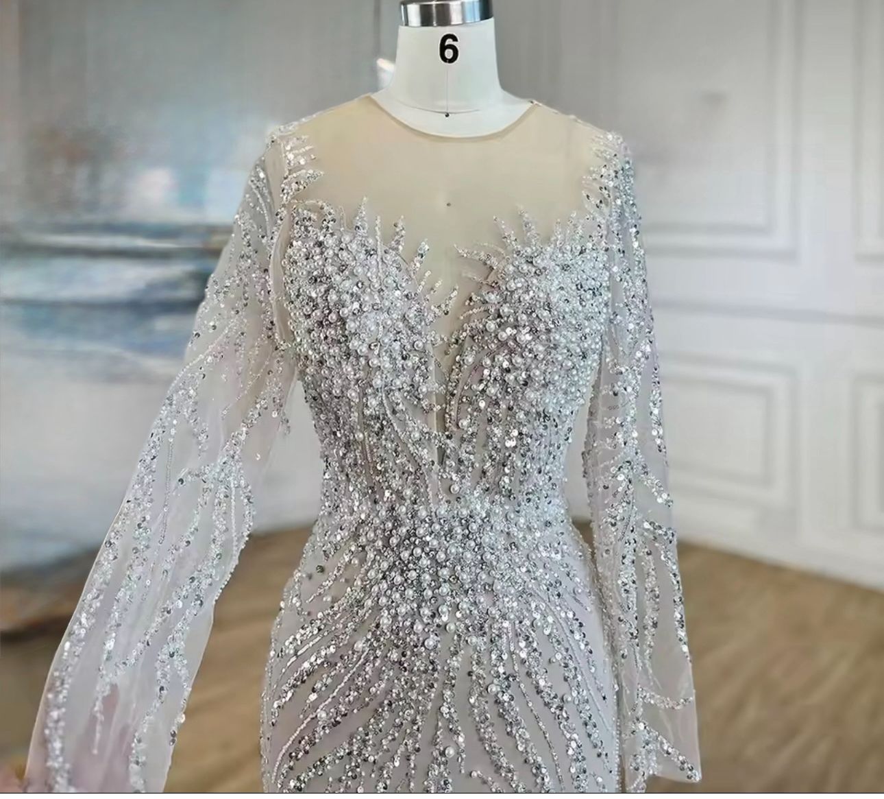 Silver Beaded Long Sleeve Evening Dress