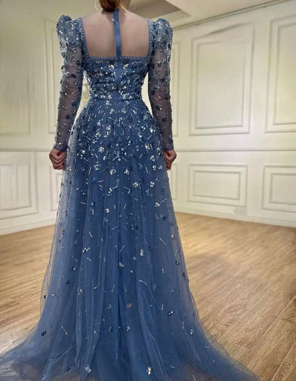 Blue Heavily Embellished Beaded Evening Dress