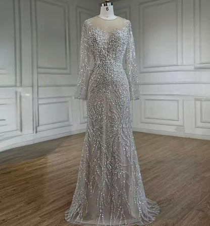 Silver Beaded Long Sleeve Evening Dress