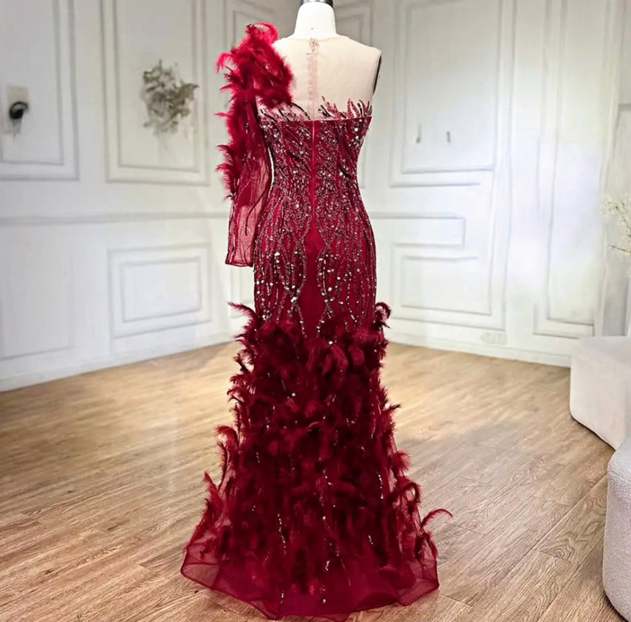 Wine Feathered One Sleeve Embellished dress dressupaccessories