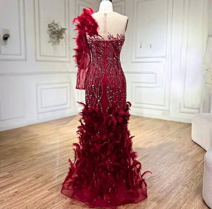 Wine Feathered One Sleeve Embellished dress