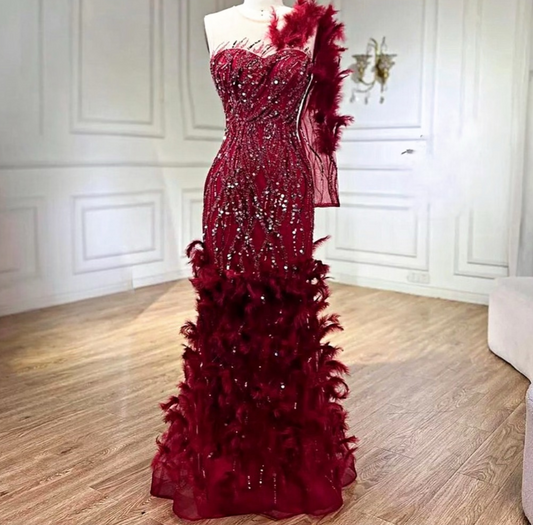 Wine Feathered One Sleeve Embellished dress dressupaccessories