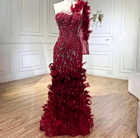 Wine Feathered One Sleeve Embellished dress