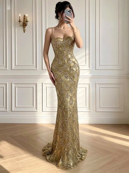 Aurora Luxe Gold Beaded Mermaid Gown - dressupaccessories
