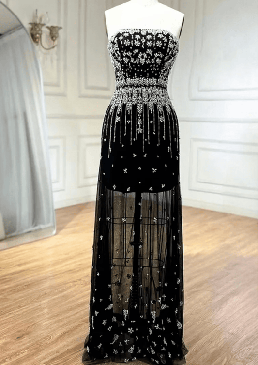 Black Mermaid Beaded Puff Sleeves Overskirt Dress/Gown - dressupaccessories