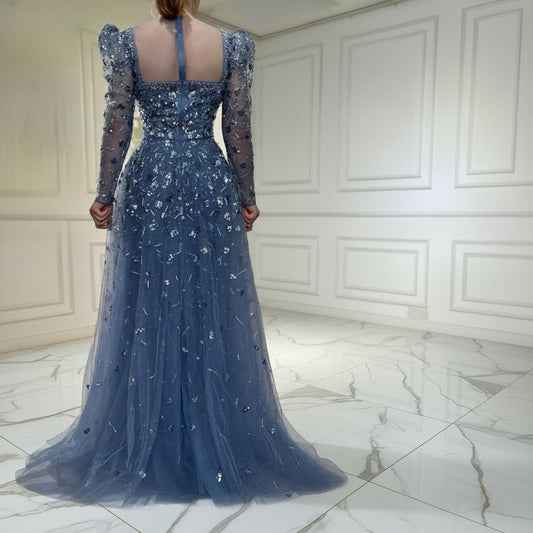 Blue Heavily Embellished Beaded Evening Dress - dressupaccessories