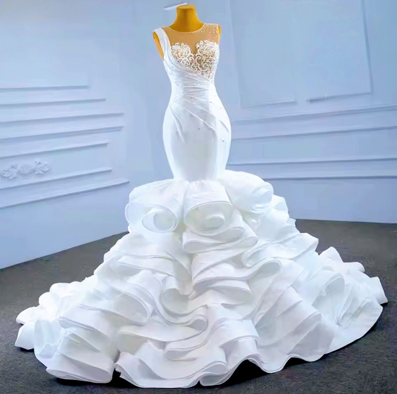 Bridal stone see through ruffle wedding dress - dressupaccessories