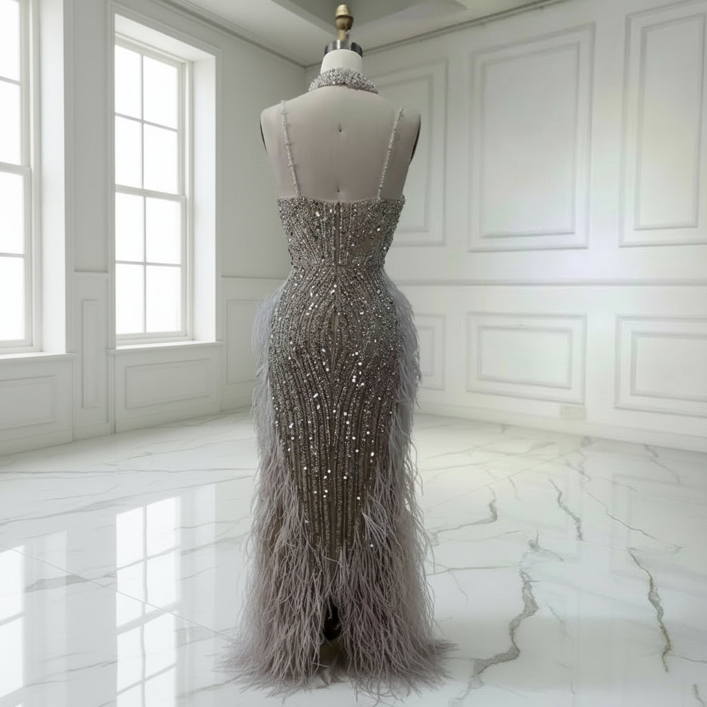 Luxury Nude White Feathered Sequin Evening Dress