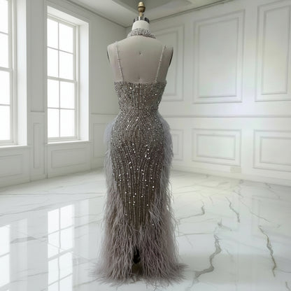 Luxury Nude White Feathered Sequin Evening Dress
