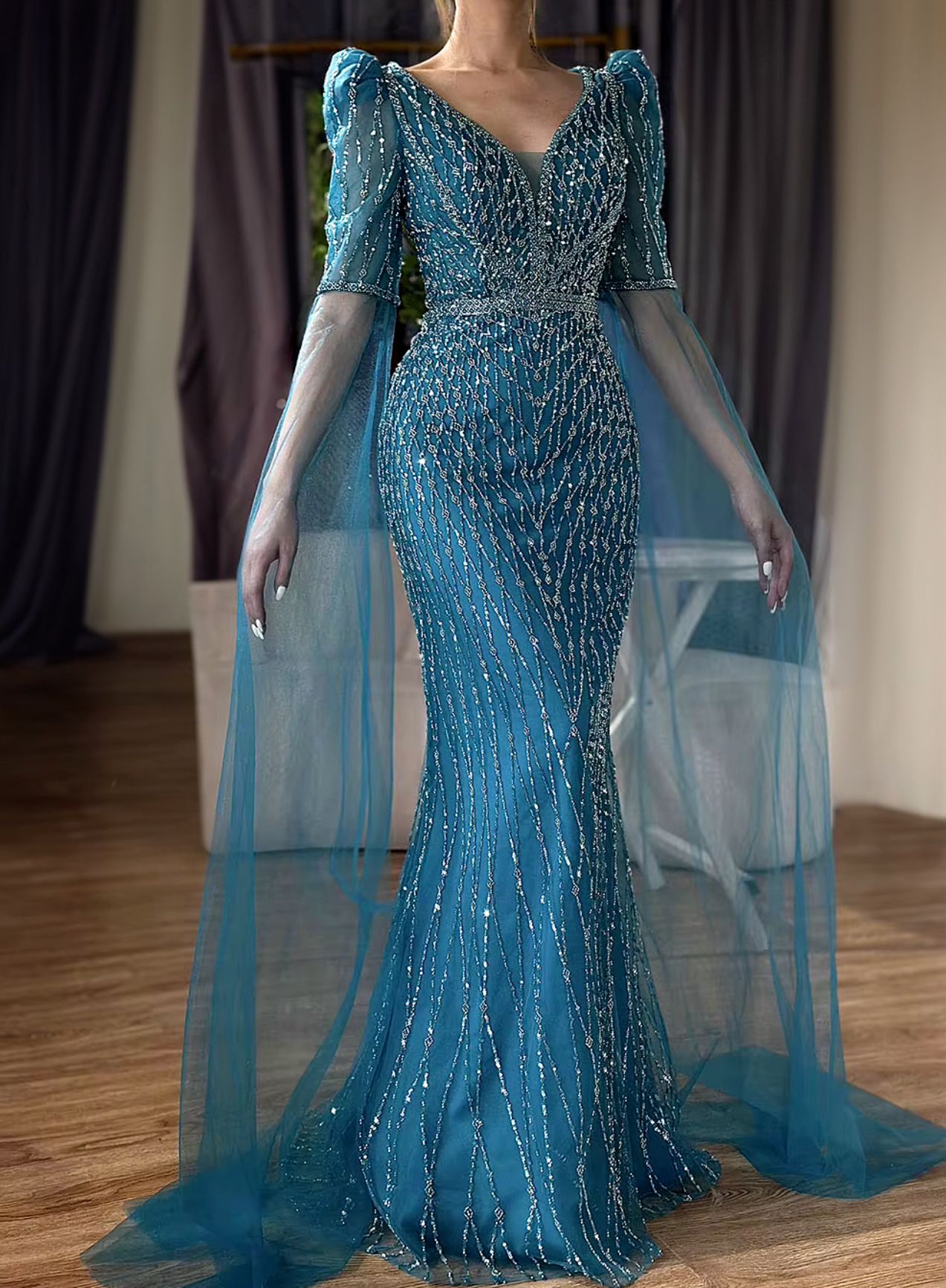 Cape drop sleeve stones beaded party dress - dressupaccessories