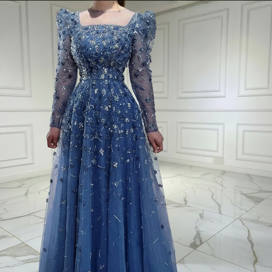 Blue Heavily Embellished Beaded Evening Dress