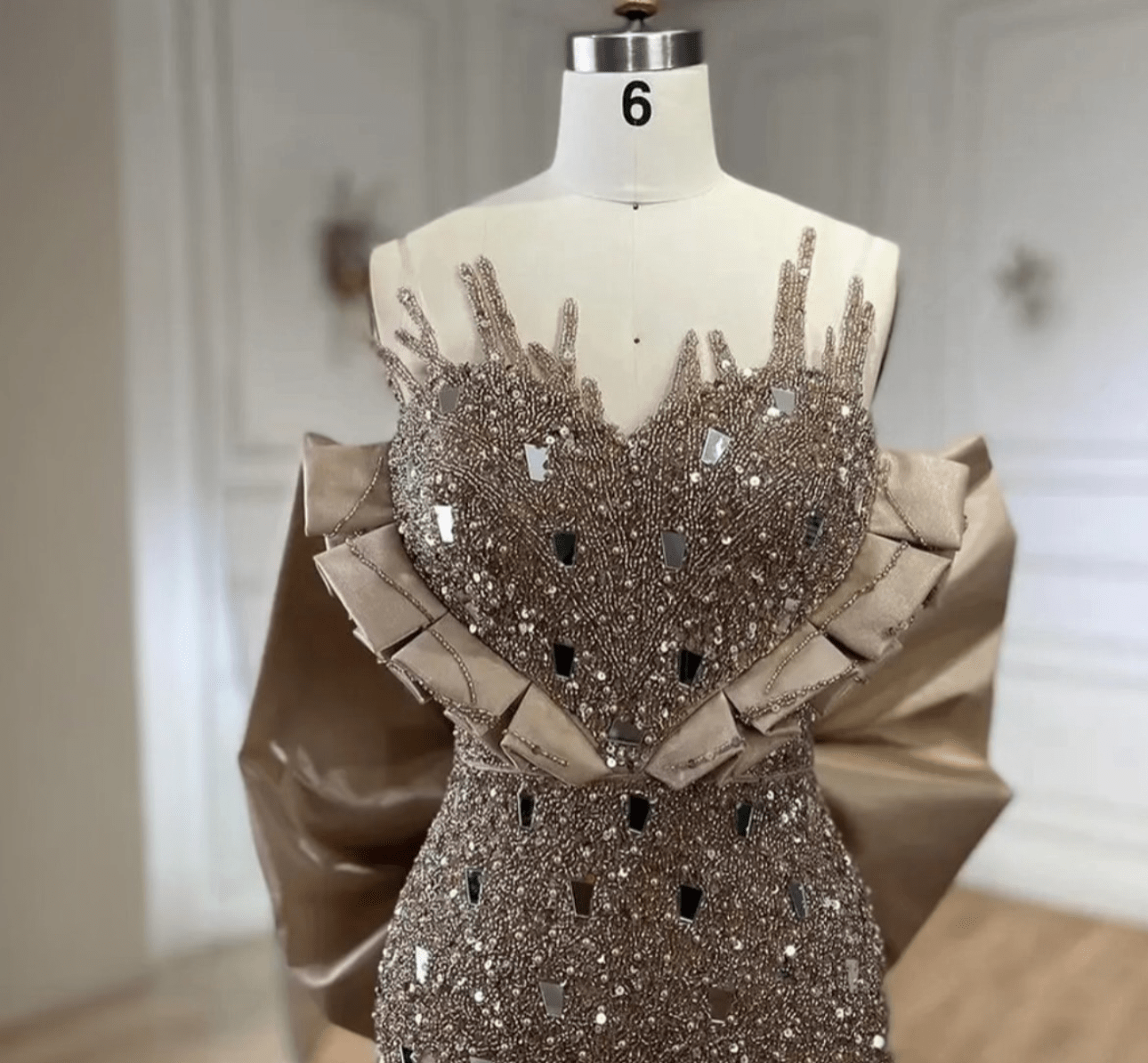 Champagne Couture Beaded Mermaid Gown with Train - dressupaccessories