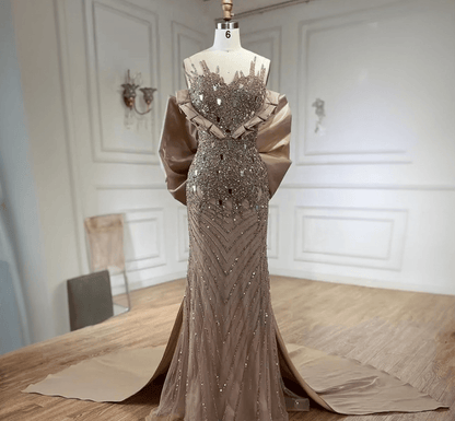 Champagne Couture Beaded Mermaid Gown with Train - dressupaccessories