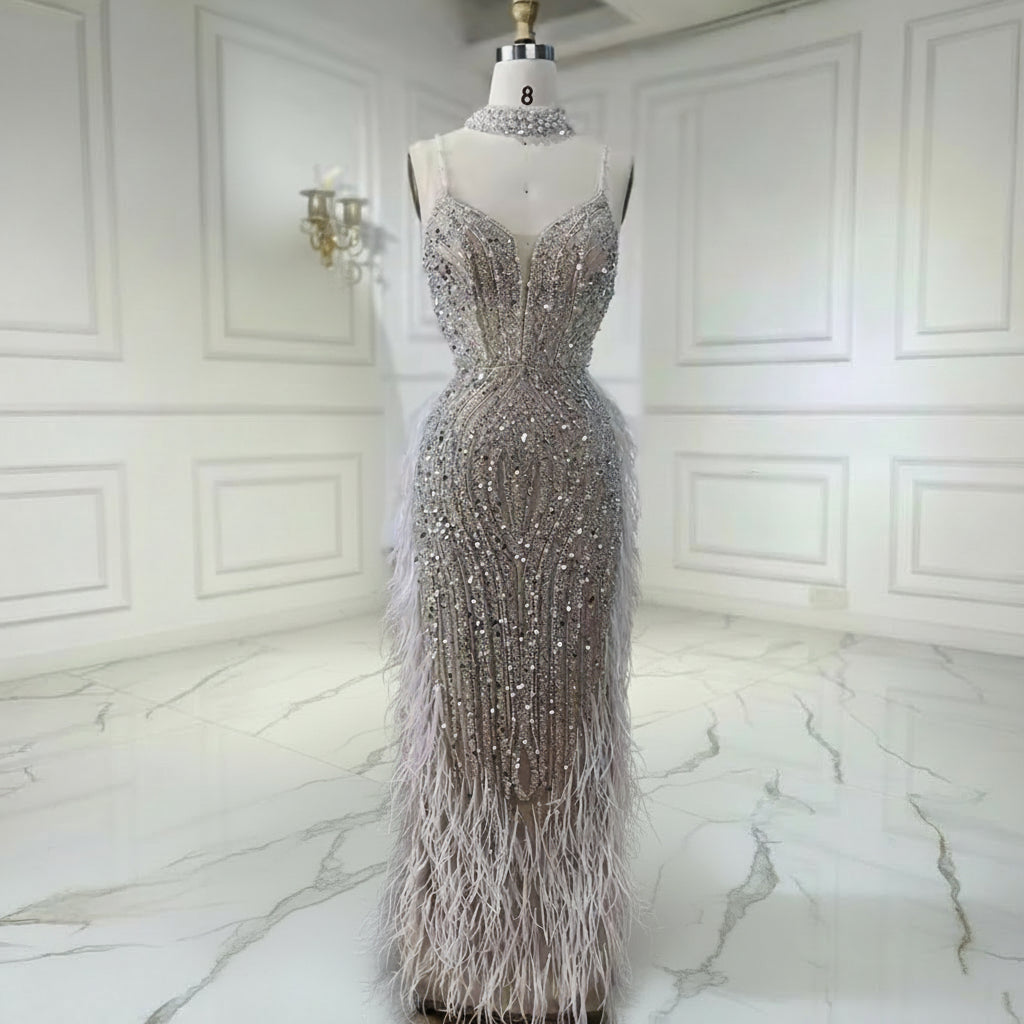Luxury Nude White Feathered Sequin Evening Dress