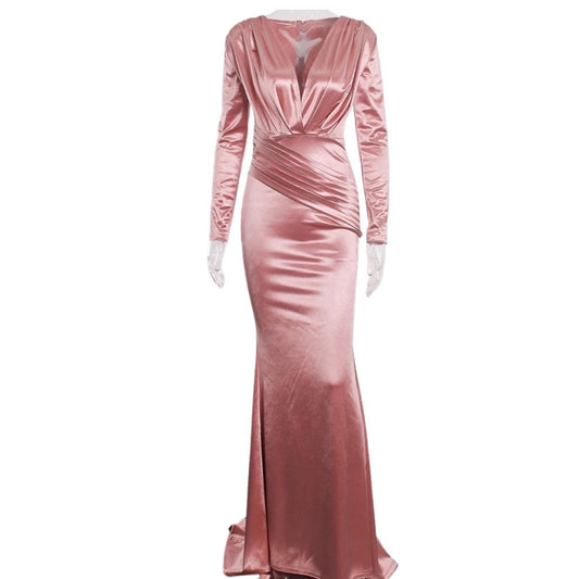 Deep V - neck Long Sleeve Pleated Satin Dress - dressupaccessoriesP1040S