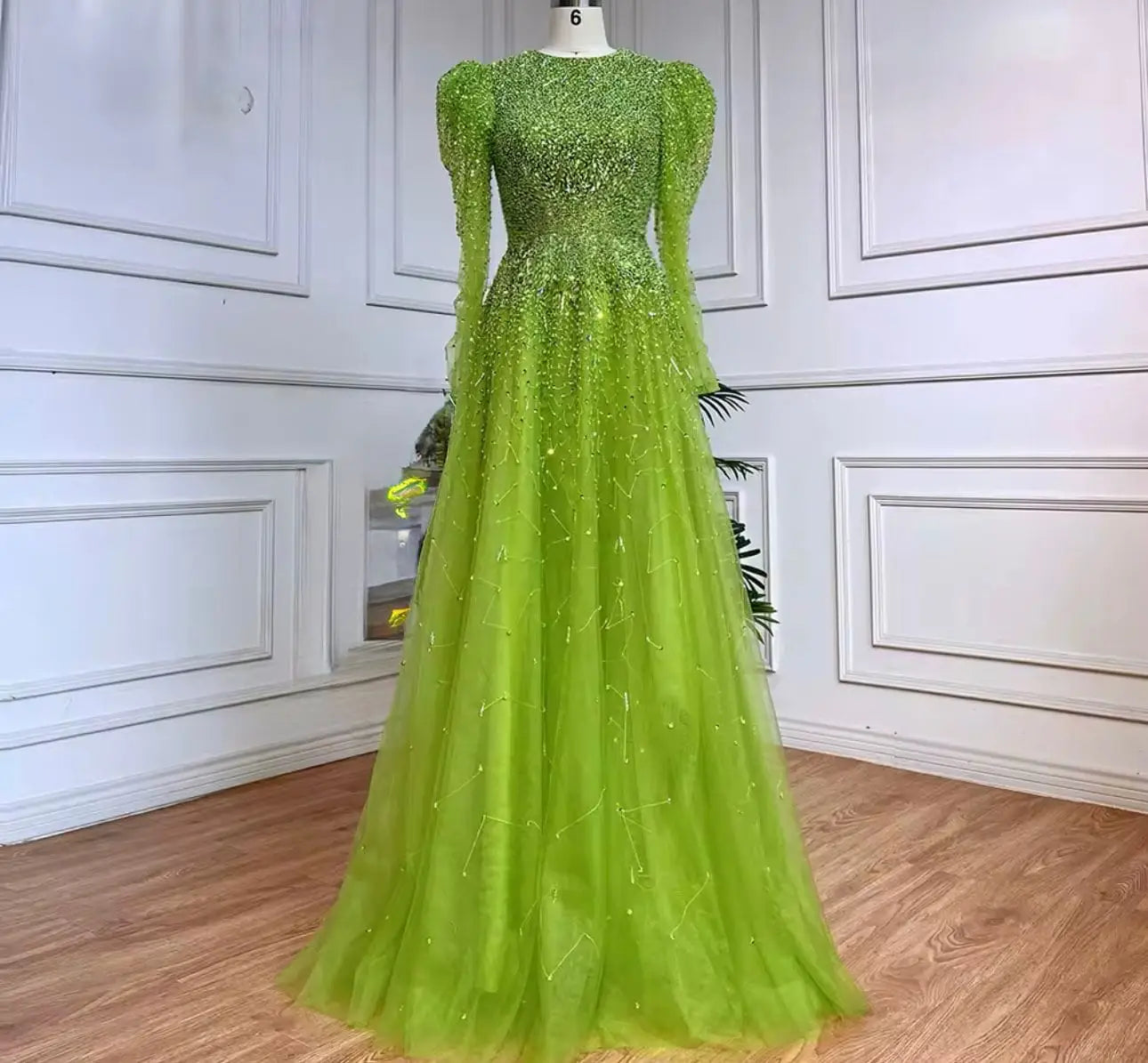 Beaded Green Long-Sleeve Special Occasion Gown