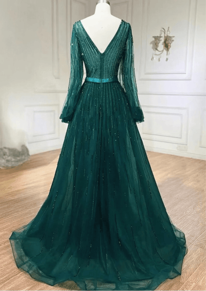 Elegant Emerald Green Long Sleeve Evening Dress - dressupaccessories