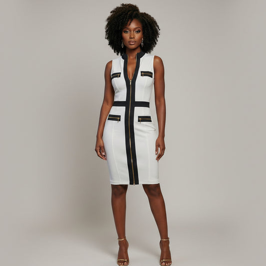 Woman in a white dress with black accents standing in a stylish room with brown chairs and city view.