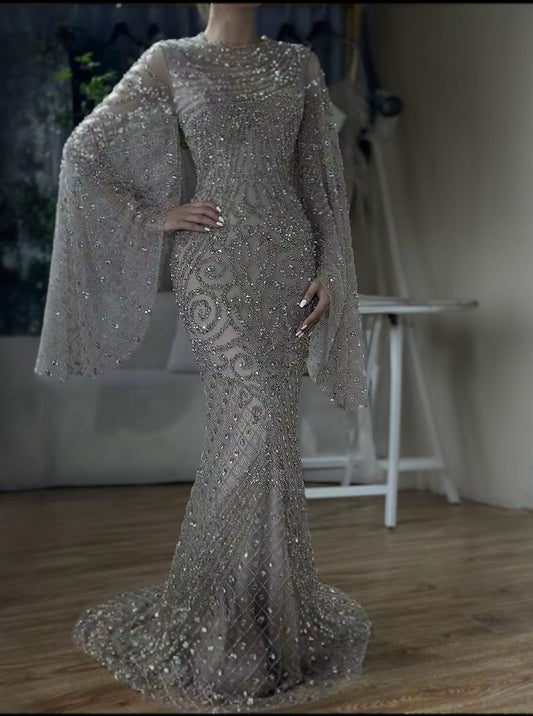 Flared sleeve full beaded party dress - dressupaccessories