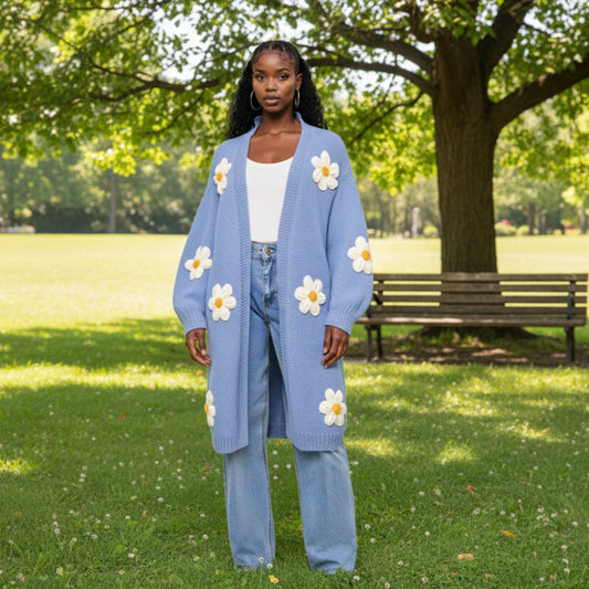 Floral Daisy Longline Knit Cardigan - dressupaccessories