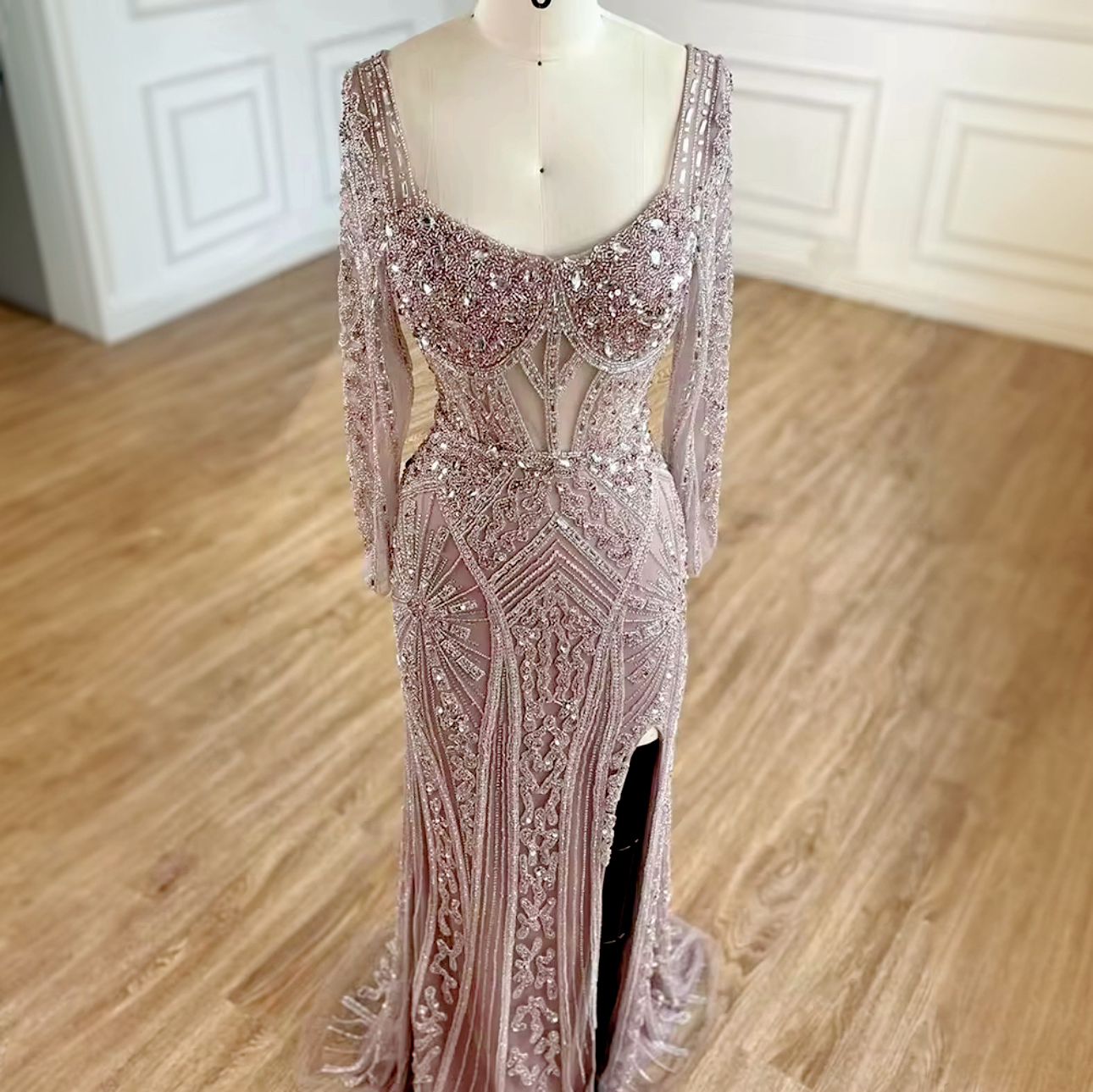 Front slit beaded embellished party dress - dressupaccessories