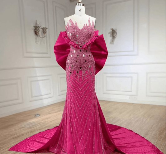 Fuchsia Crystal-Embellished Mermaid Evening Gown - dressupaccessories