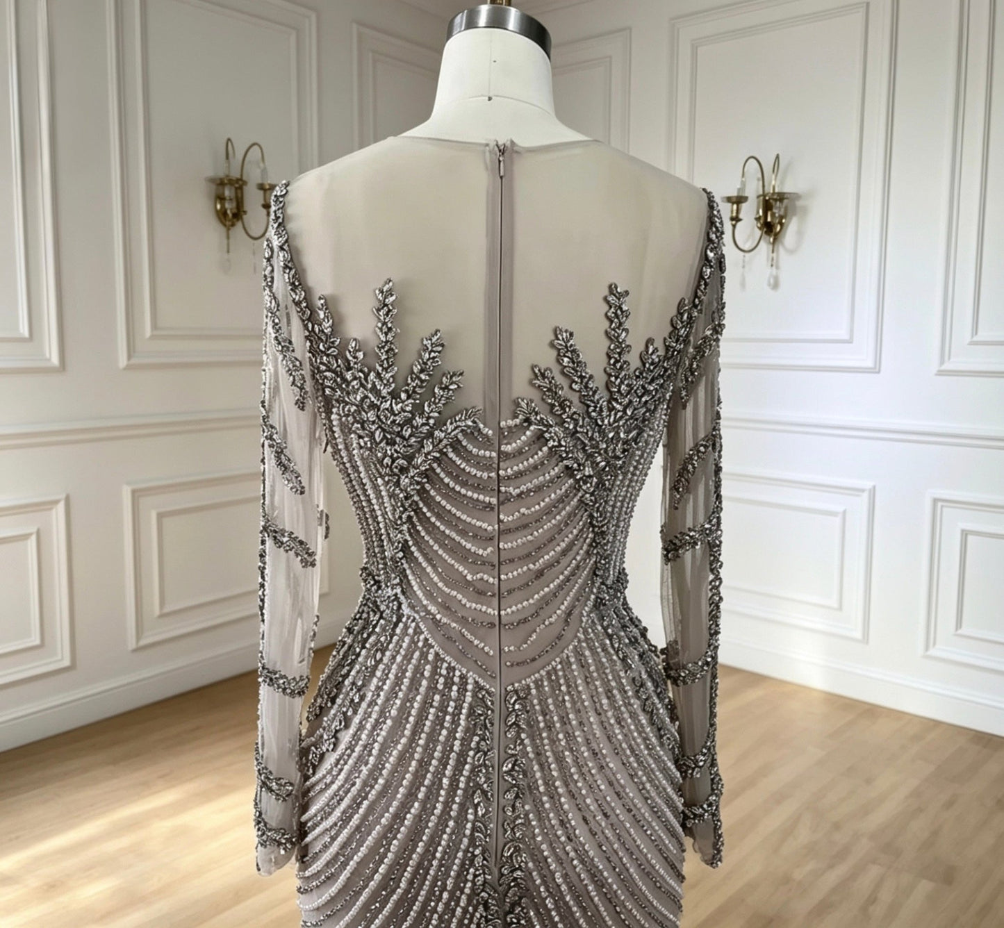 Glam Silver Nude Mermaid Dress with Crystal Beading - dressupaccessories