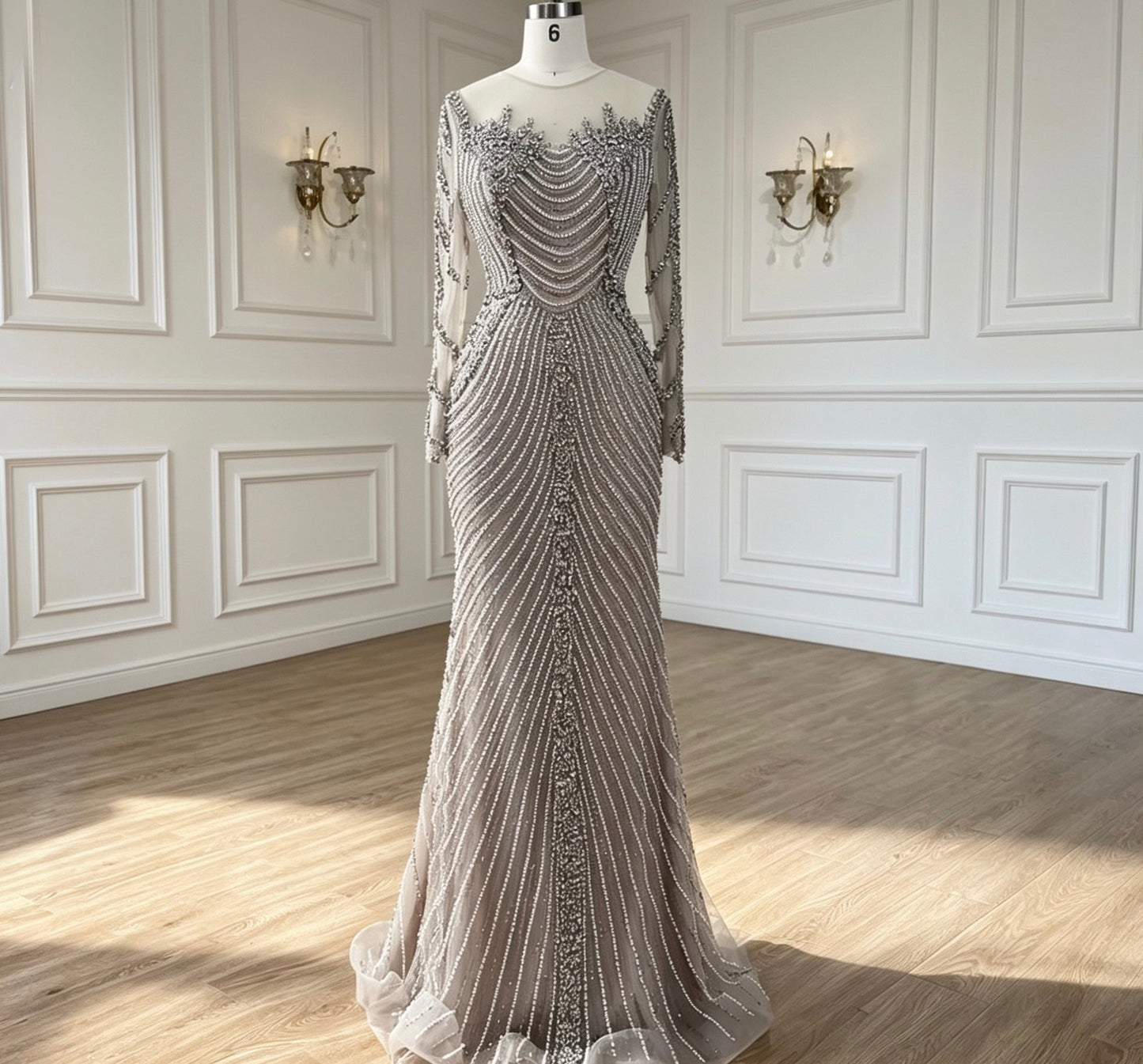 Glam Silver Nude Mermaid Dress with Crystal Beading - dressupaccessories