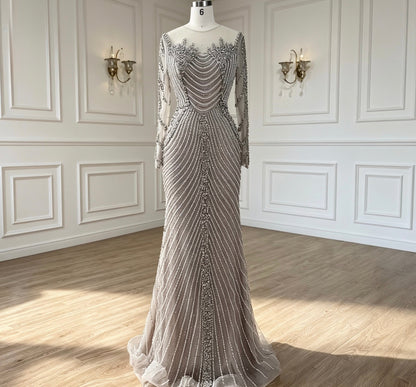 Glam Silver Nude Mermaid Dress with Crystal Beading - dressupaccessories