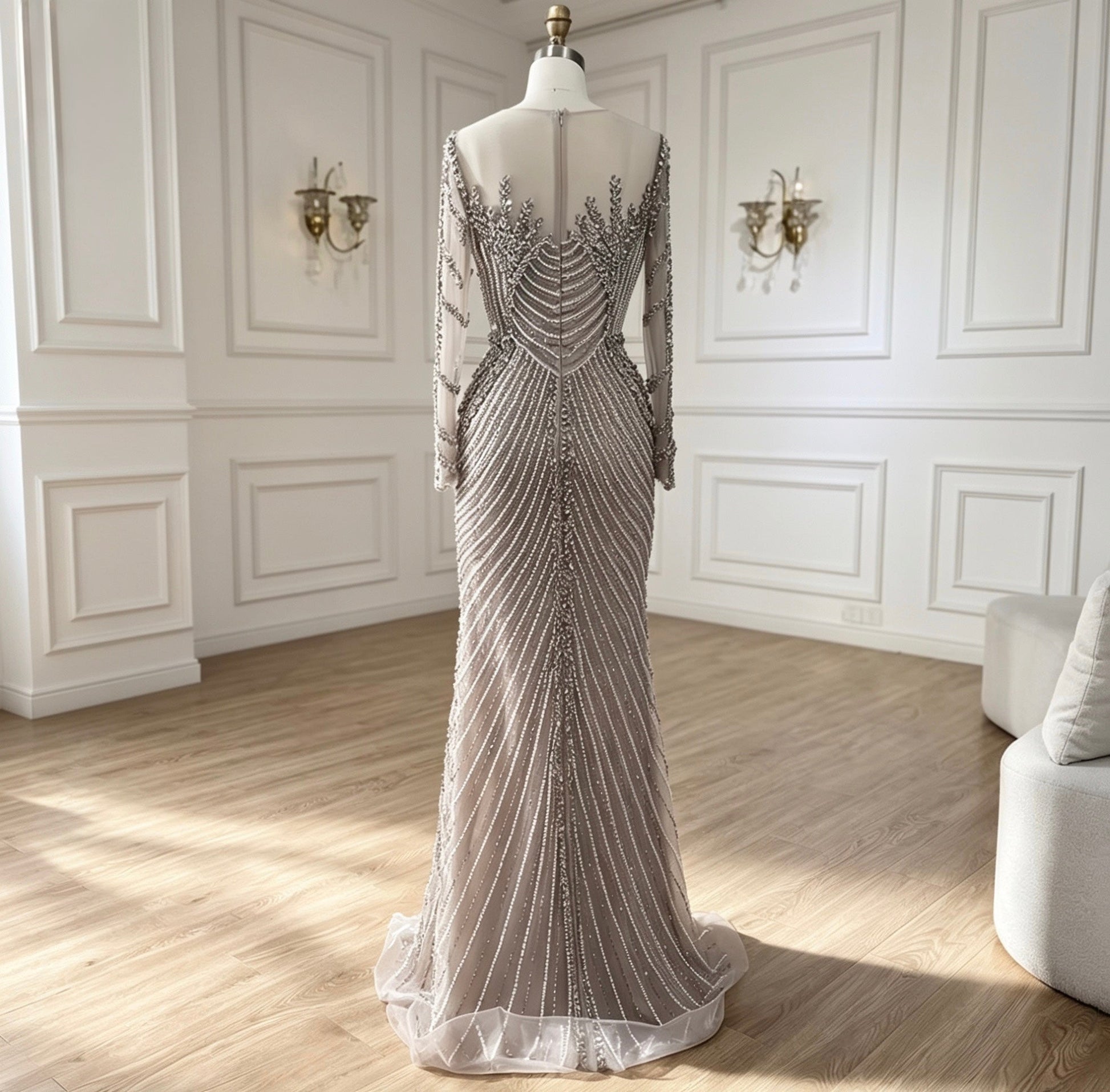 Glam Silver Nude Mermaid Dress with Crystal Beading - dressupaccessories