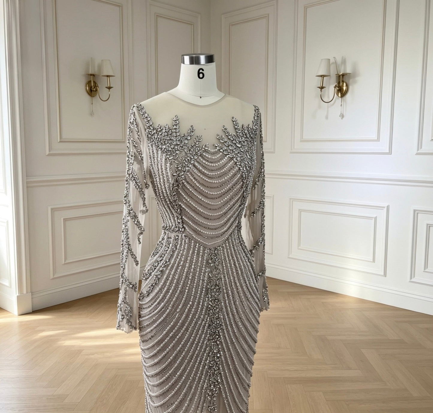 Glam Silver Nude Mermaid Dress with Crystal Beading - dressupaccessories