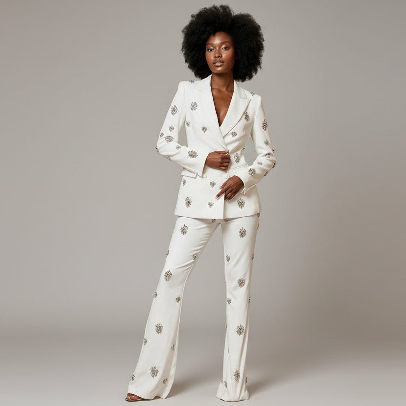 Glamorous rhinestone and bead - adorned blazer with flared pant set - dressupaccessories