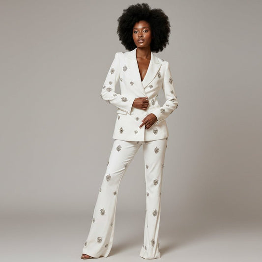 Glamorous rhinestone and bead - adorned blazer with flared pant set - dressupaccessories
