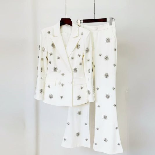 Glamorous rhinestone and bead - adorned blazer with flared pant set - dressupaccessories