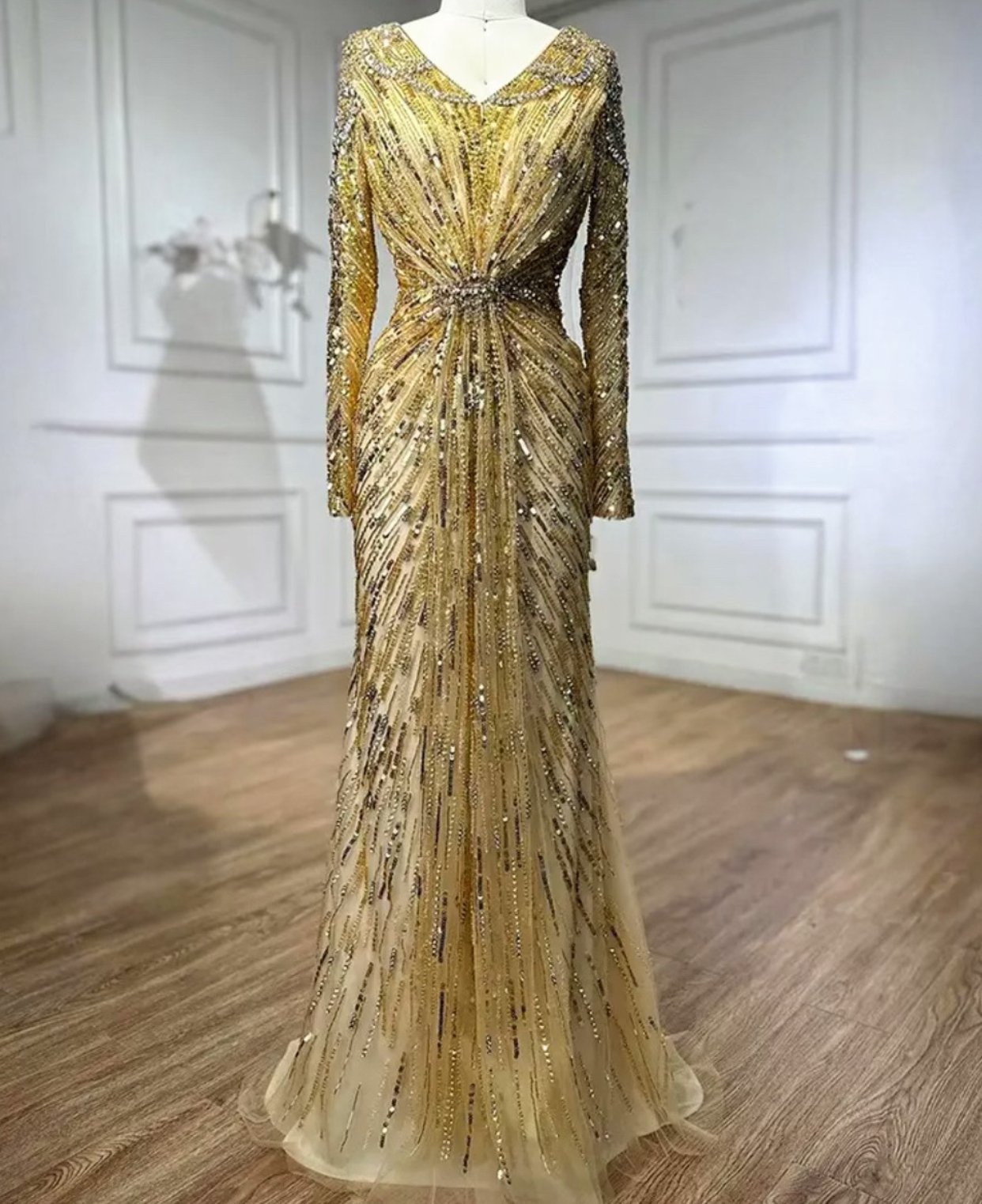 Gold Elegant Embellished V - Neck Dress - dressupaccessories