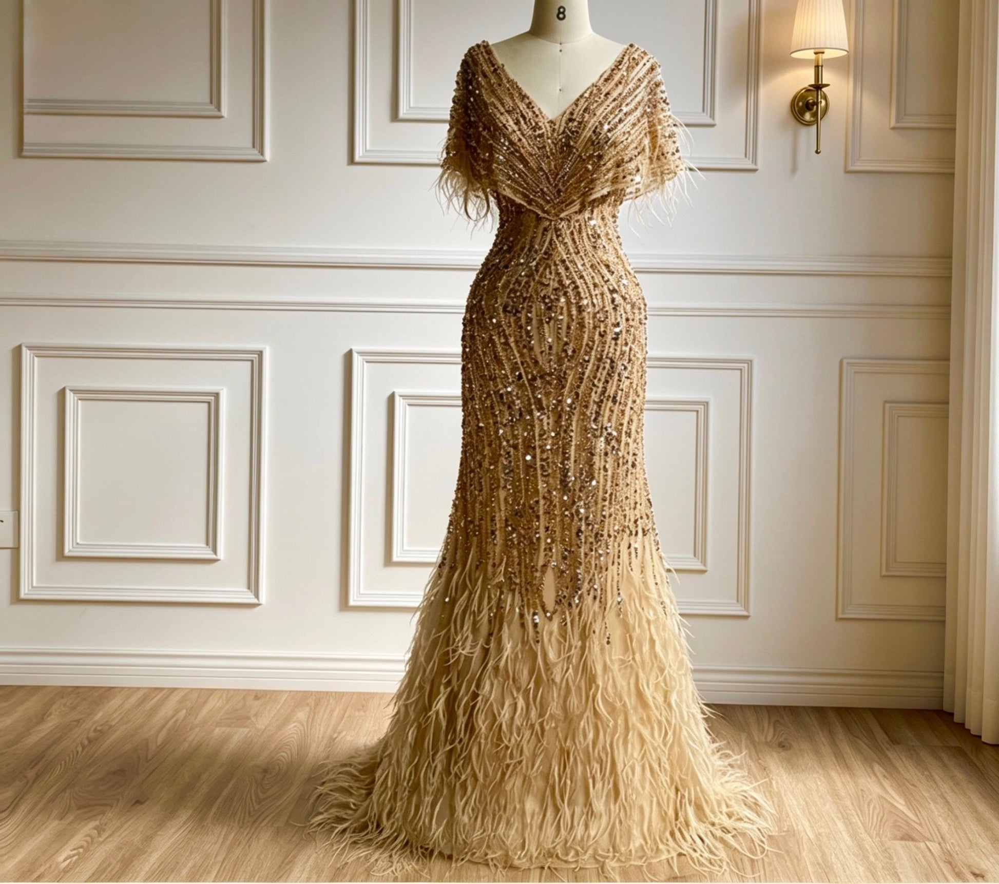 Golden Beaded Mermaid Evening Gown with Feather Detail - dressupaccessories