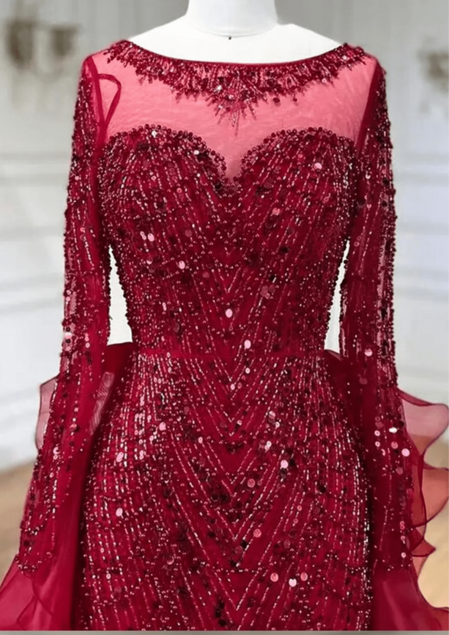 Long Sleeve Red Sequin Prom Occasional Dress - dressupaccessories